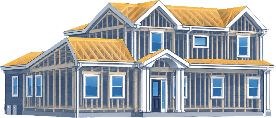 Cutaway of a two-storey house showing the stud framing, roof trusses and openings