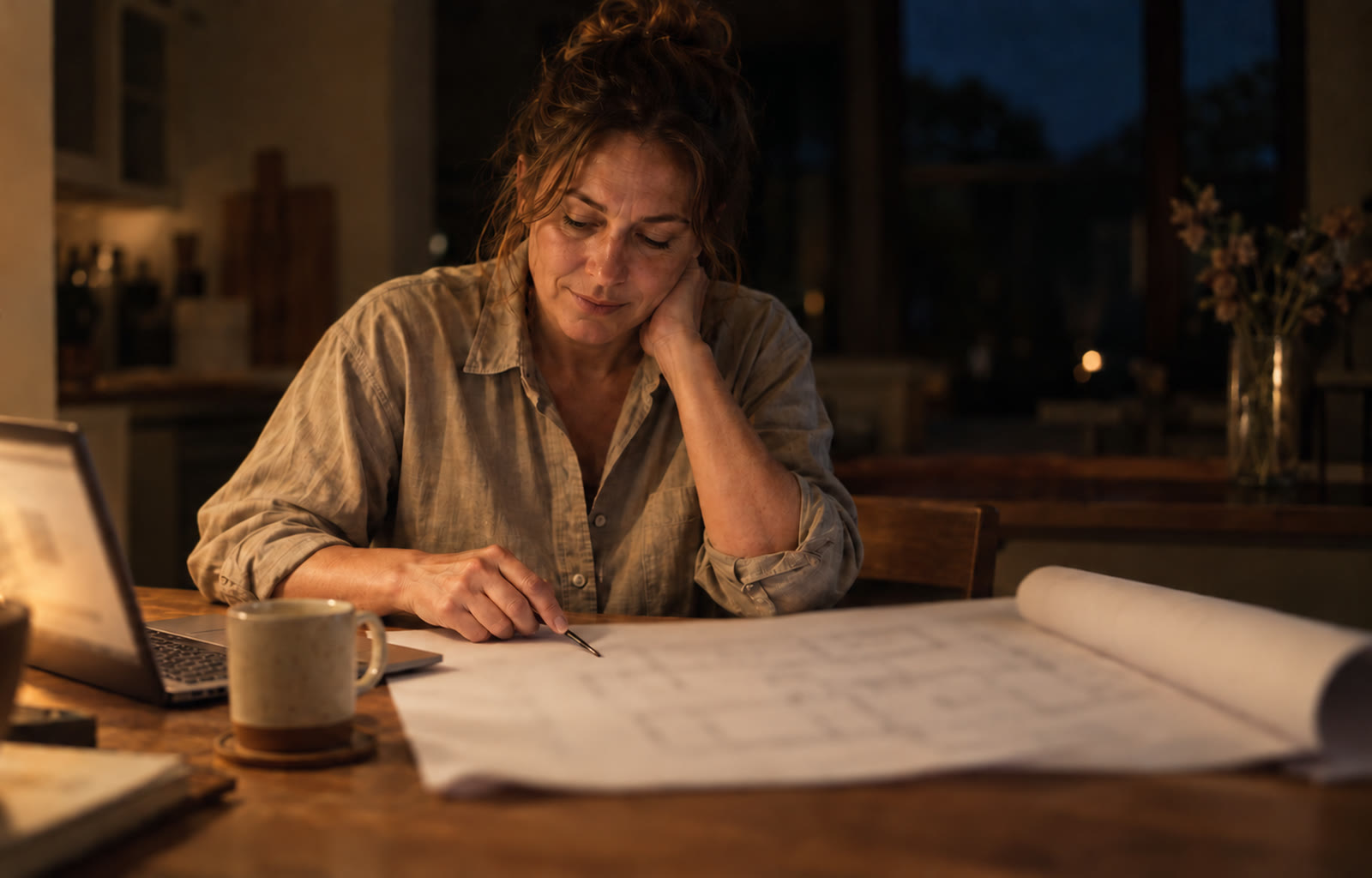 A remodeler works late at her kitchen table, pencil in hand over a large printed floor plan, an open laptop and a mug of coffee beside her, warm lamplight falling across the table against a dark window behind.