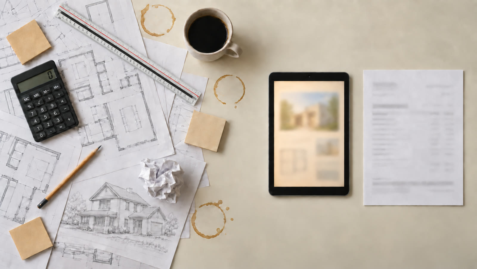 Overhead view of a desk: printed plans, a calculator and a scale ruler on the left; a tablet and a printed quote on the right