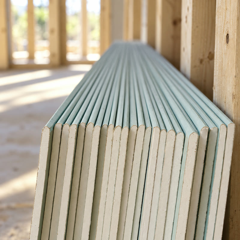 A stack of gypsum board leaning against timber framing