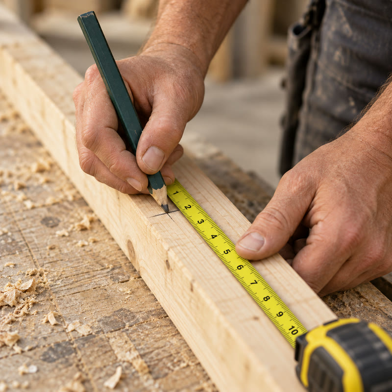A carpenter marking a stud with a pencil against a tape measure