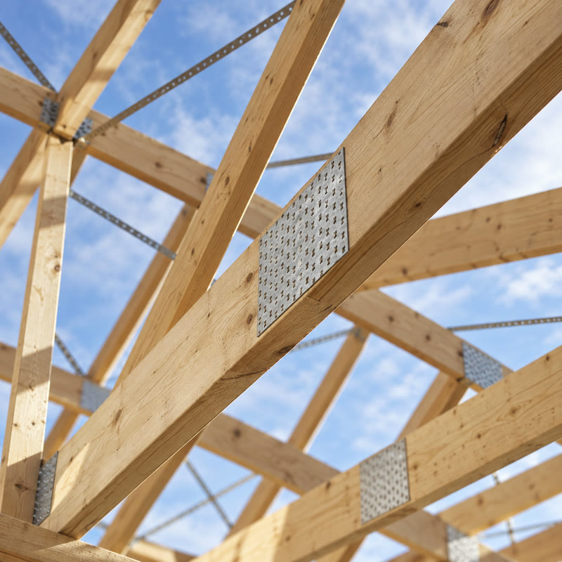 Roof trusses with gang-nail plates against the sky